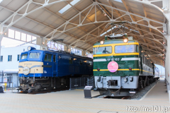 [京都鉄道博物館] 左・EF58 150(あさかぜHM付)、右・EF81 103(トワイライトエクスプレスHM付)(トワイライトプラザ) 本館で実施している企画展と絡めて、展示機関車にはブルートレインのHMが付けられています。