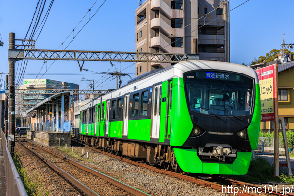 静岡鉄道静岡清水線 柚木駅付近で撮影した静岡鉄道A3000形A3508を先頭とする列車(A3008F)の写真