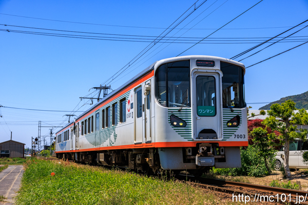 一畑電車大社線 遥堪駅付近で撮影した一畑電車7000系7003 + 7002の写真