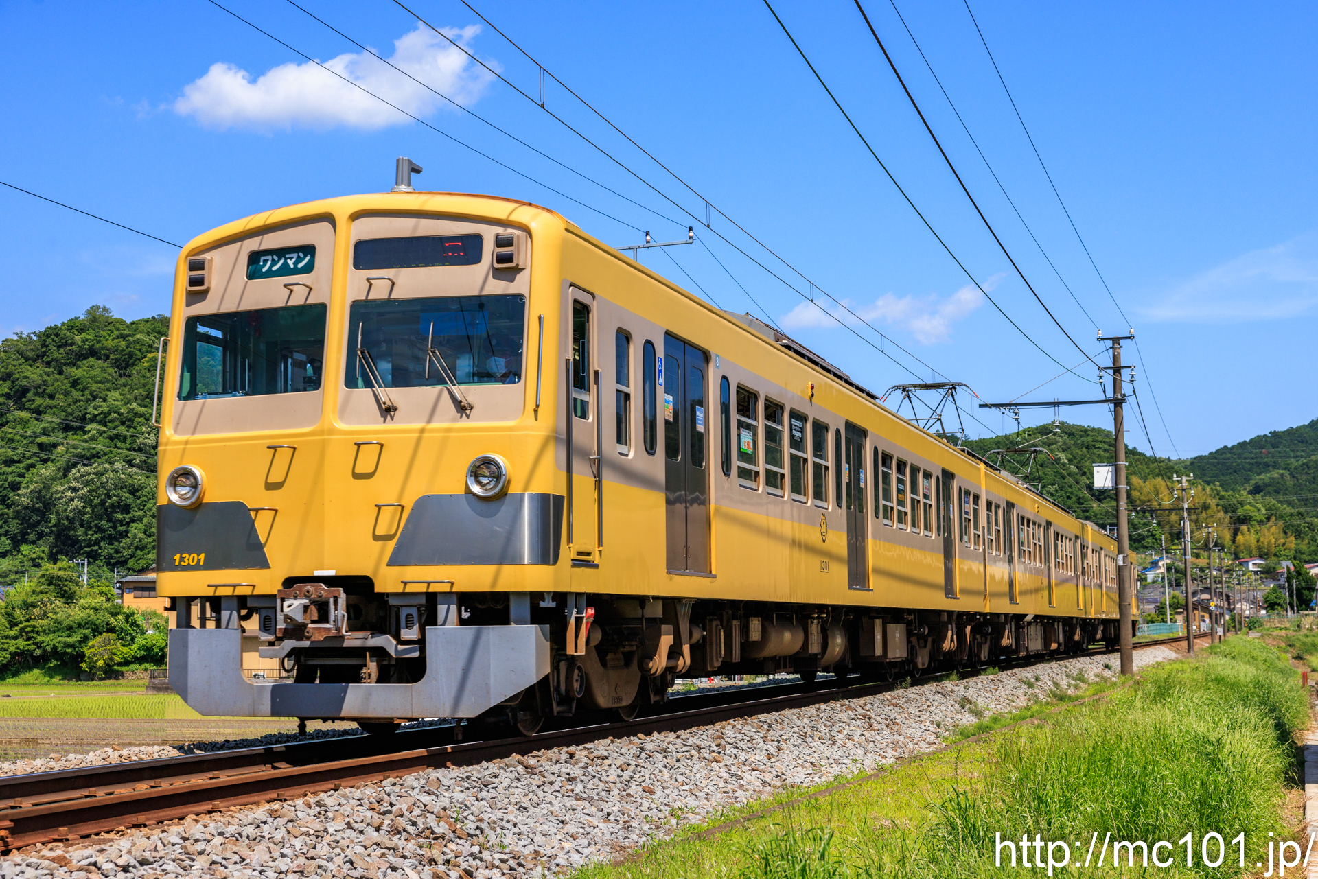 伊豆箱根鉄道駿豆線 大仁～牧之郷間で撮影した伊豆箱根鉄道1300系1301を先頭とする列車(1301F)の写真