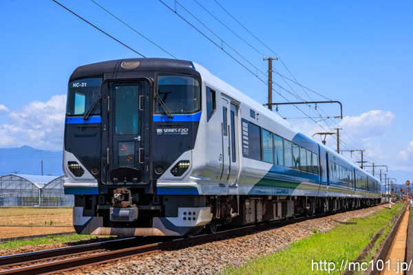 伊豆箱根鉄道駿豆線 原木～韮山間で撮影したJR東日本E257系クハE256-2506を先頭とする列車(NC-31編成)の写真