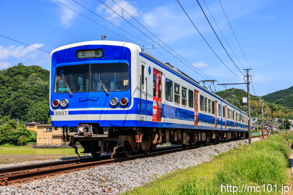 伊豆箱根鉄道駿豆線 大仁～牧之郷間で撮影した伊豆箱根鉄道3000系3007を先頭とする列車(3504F)の写真