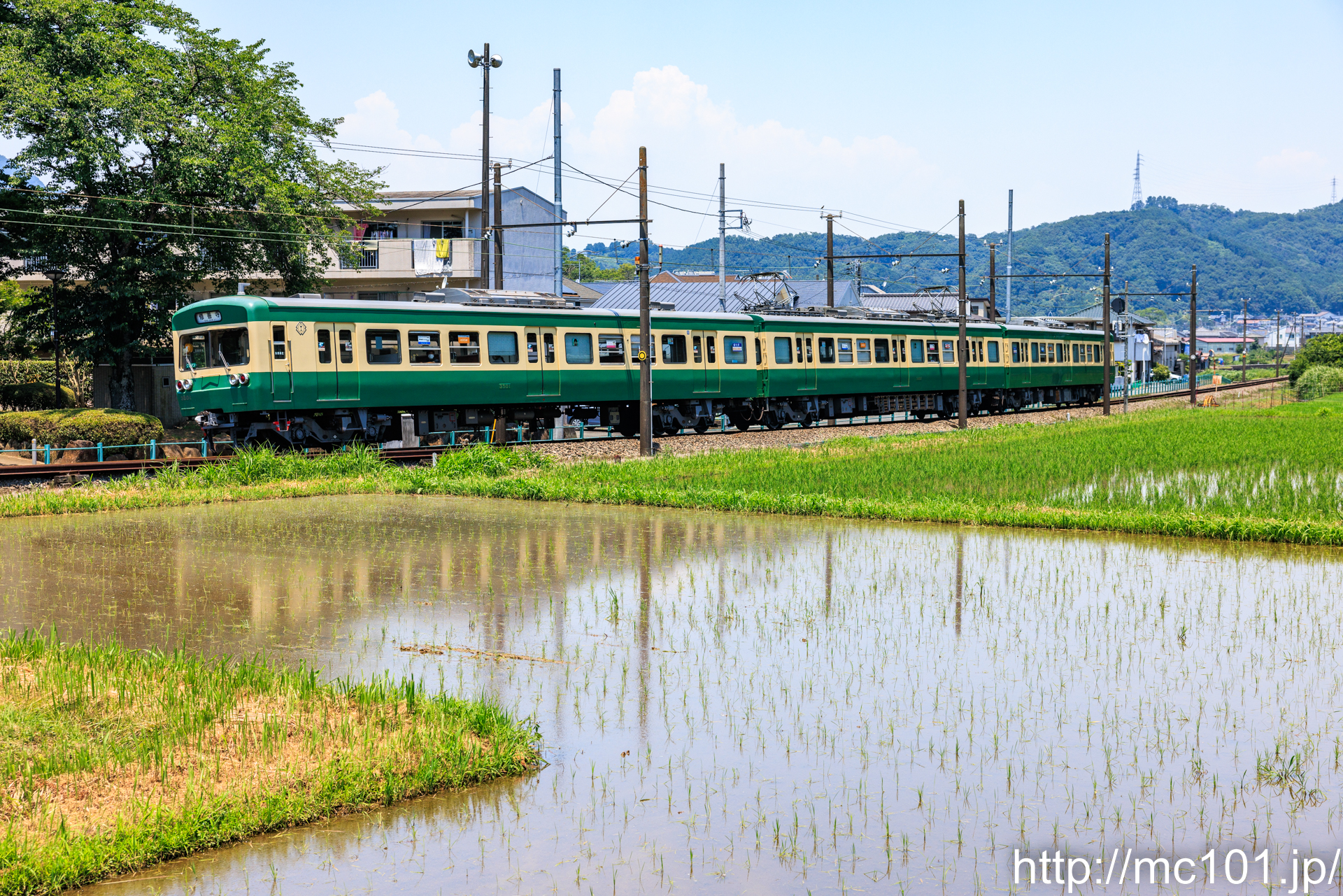 伊豆箱根鉄道駿豆線 牧之郷～修善寺間で撮影した伊豆箱根鉄道3000系3501を先頭とする列車(3501F)の写真