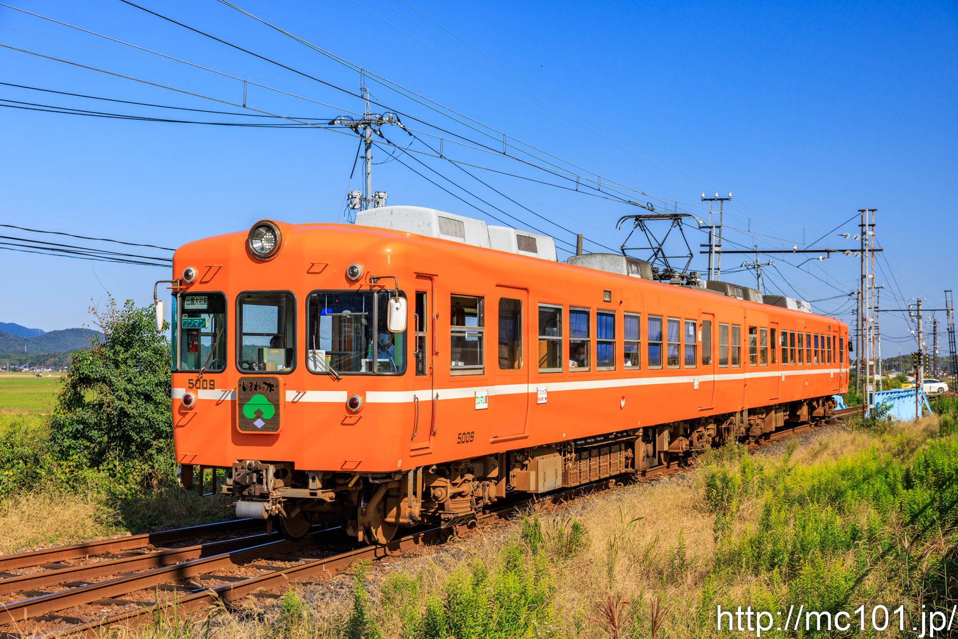 一畑電車北松江線 松江イングリッシュガーデン前駅付近で撮影した一畑電車5000系5009を先頭とする列車(5009F)の写真
