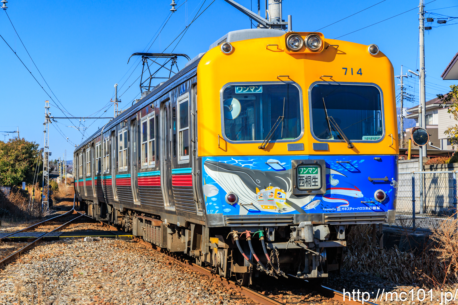 上毛電気鉄道上毛線 天王宿駅で撮影した上毛電気鉄道700形714を先頭とする列車の写真