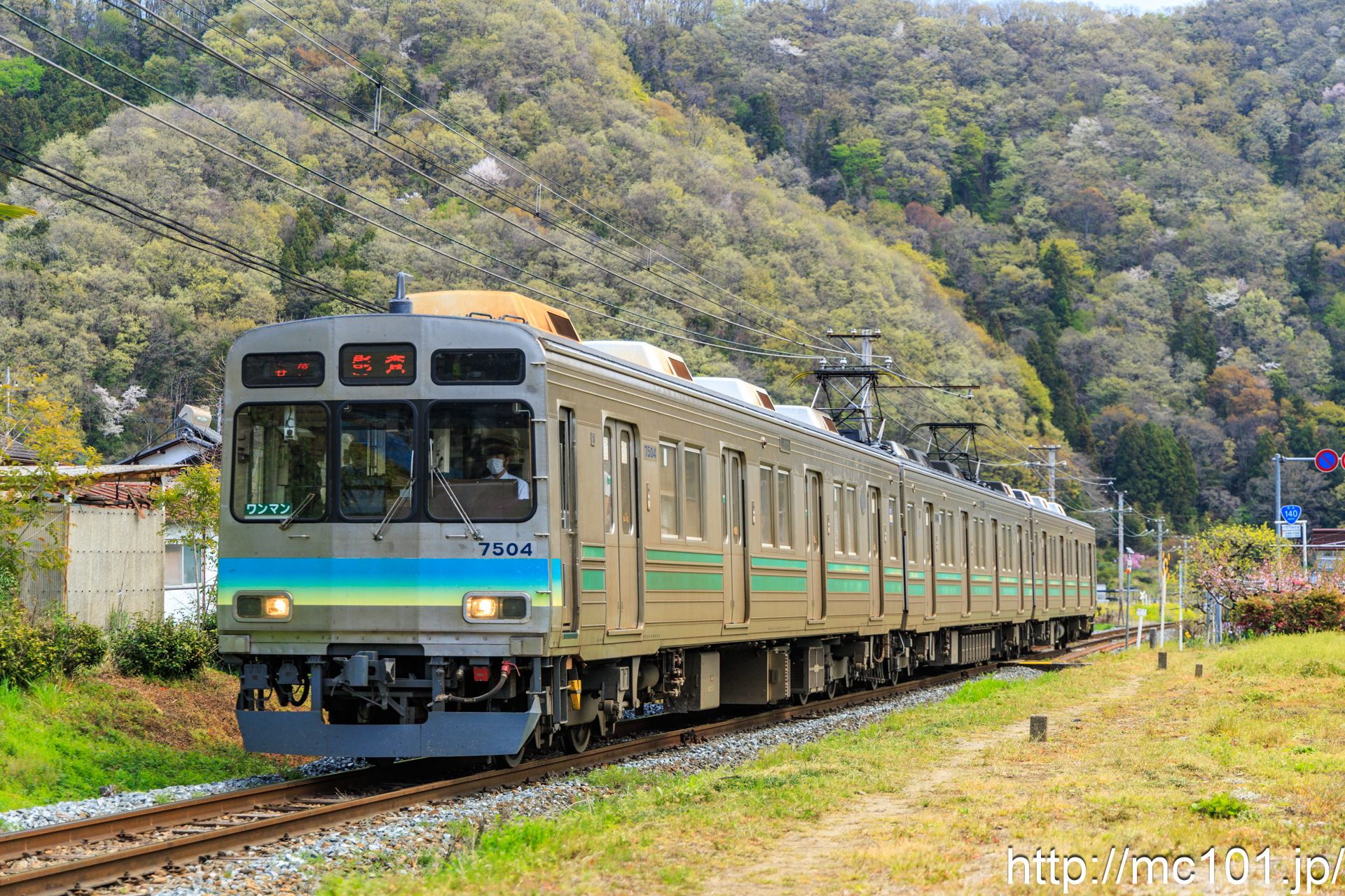 秩父鉄道秩父本線 波久礼～樋口間で撮影した秩父鉄道7500系7504を先頭とする列車の写真
