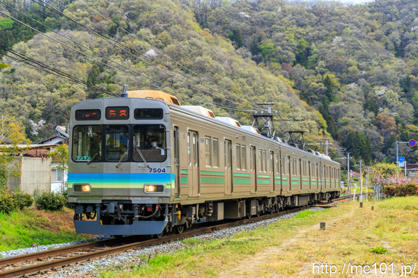 秩父鉄道秩父本線 波久礼～樋口間で撮影した秩父鉄道7500系7504を先頭とする列車の写真
