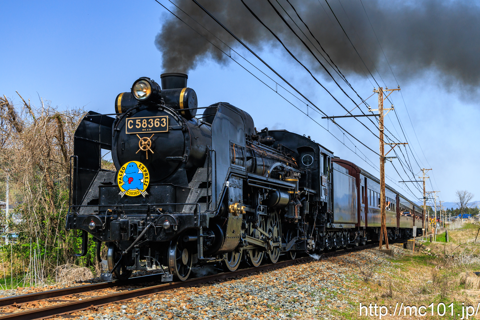 秩父鉄道秩父本線 武州中川～武州日野間で撮影した秩父鉄道C58 363号機 + 旧型客車(JR東日本)の写真