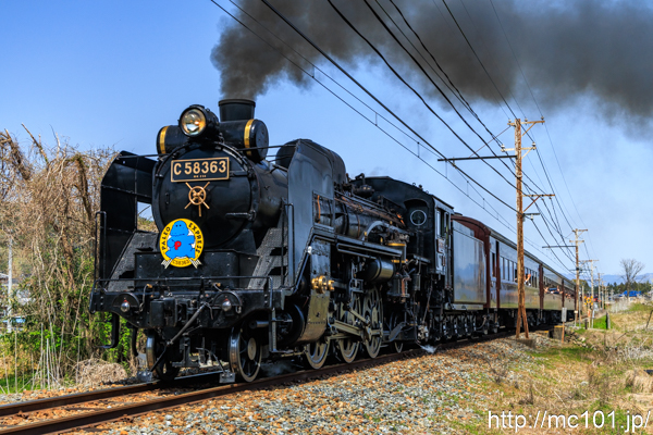秩父鉄道秩父本線 武州中川～武州日野間で撮影した秩父鉄道C58 363号機 + 旧型客車(JR東日本)の写真