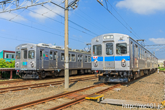 [弘南鉄道大鰐線津軽大沢車両検修所] 7000系、右、7039F(準急石原行表示)、左、24列車、7033F(後追い)